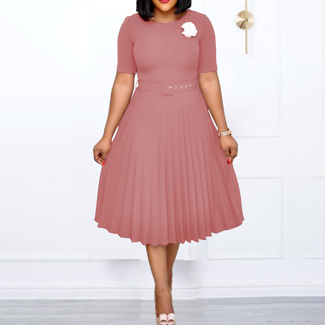 Damen Plissiertes Kleid mit Taillengürtel Elegantes