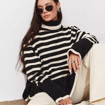 Damen Pullover Grob gestrickt Breton Streifen Hochkragen Beige - Norvielle