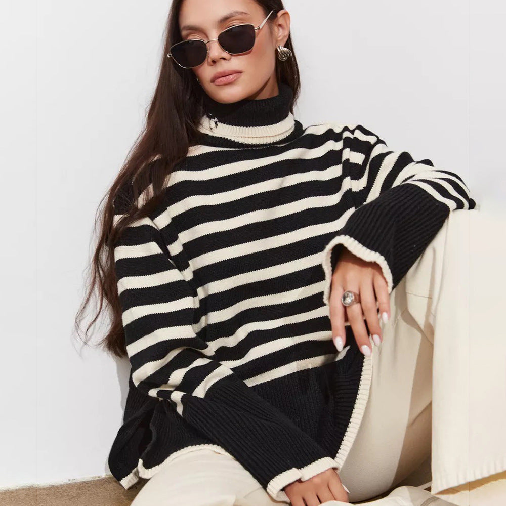 Damen Pullover Gestreift Hoher Kragen Lässiger Schnitt - Norvielle