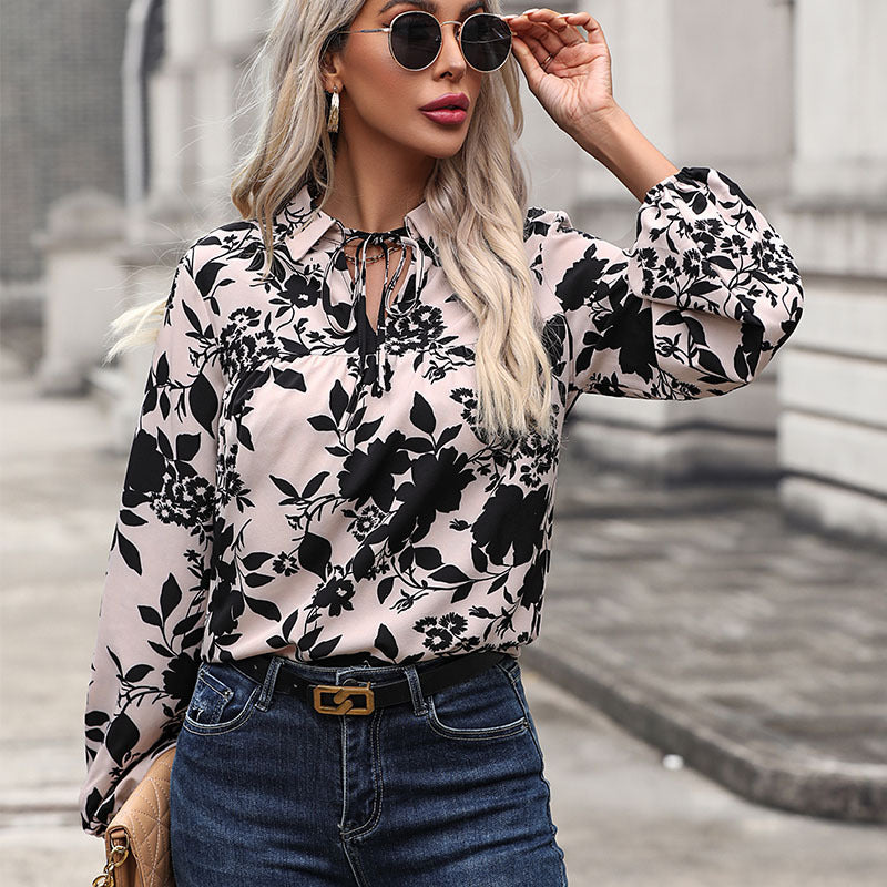 Damen Bluse Dekorativer Knoten Blumenmuster - Norvielle