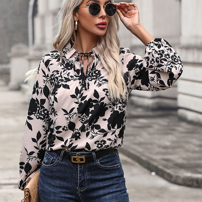 Damen Bluse Dekorativer Knoten Blumenmuster - Norvielle