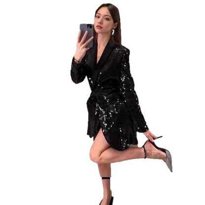 Damen Blazer-Kleid Glitzernd mit Taillengürtel