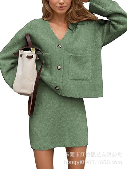 Damen Strickensemble V-Ausschnitt Knopfdetail Norvielle