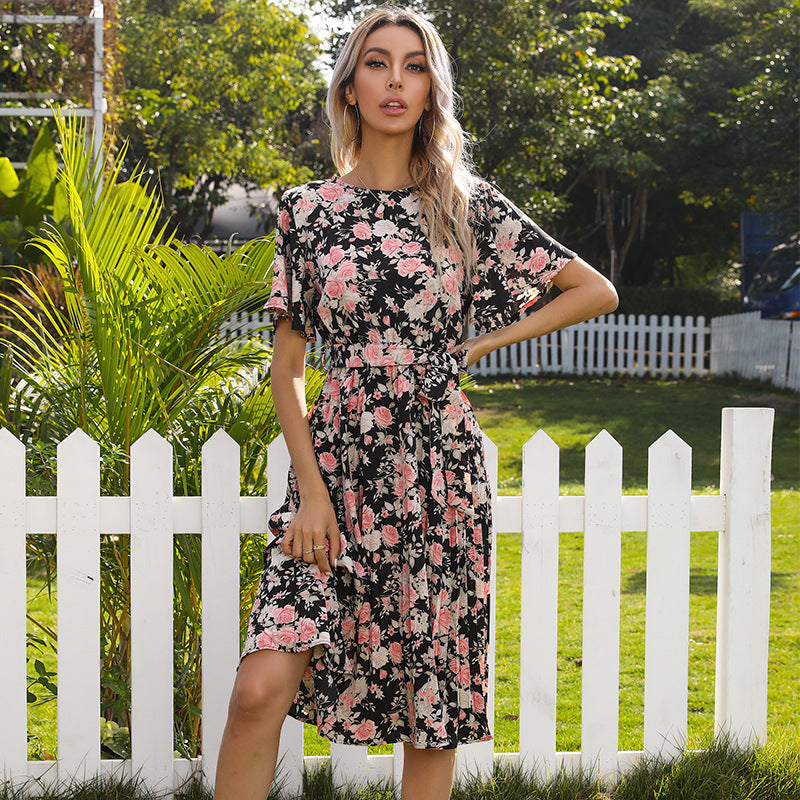 Damen Wickelkleid Florales Design Taillengurt Sommer