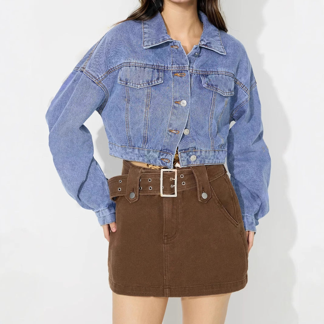 Damen Cropped Jeansjacke Voluminöse Ärmel Modische Knöpfe