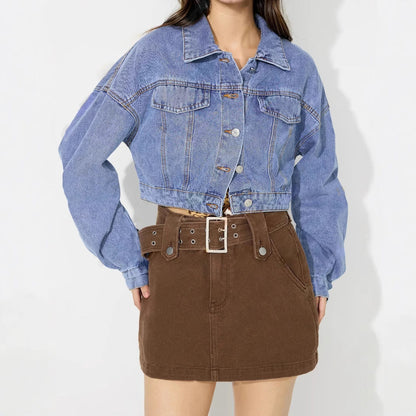 Damen Cropped Jeansjacke Voluminöse Ärmel Modische Knöpfe