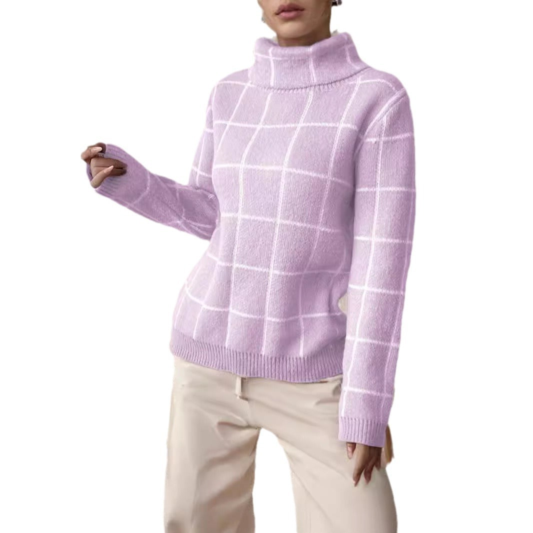 Damen Grobstrickpullover Karomuster Hochkragen Beige
