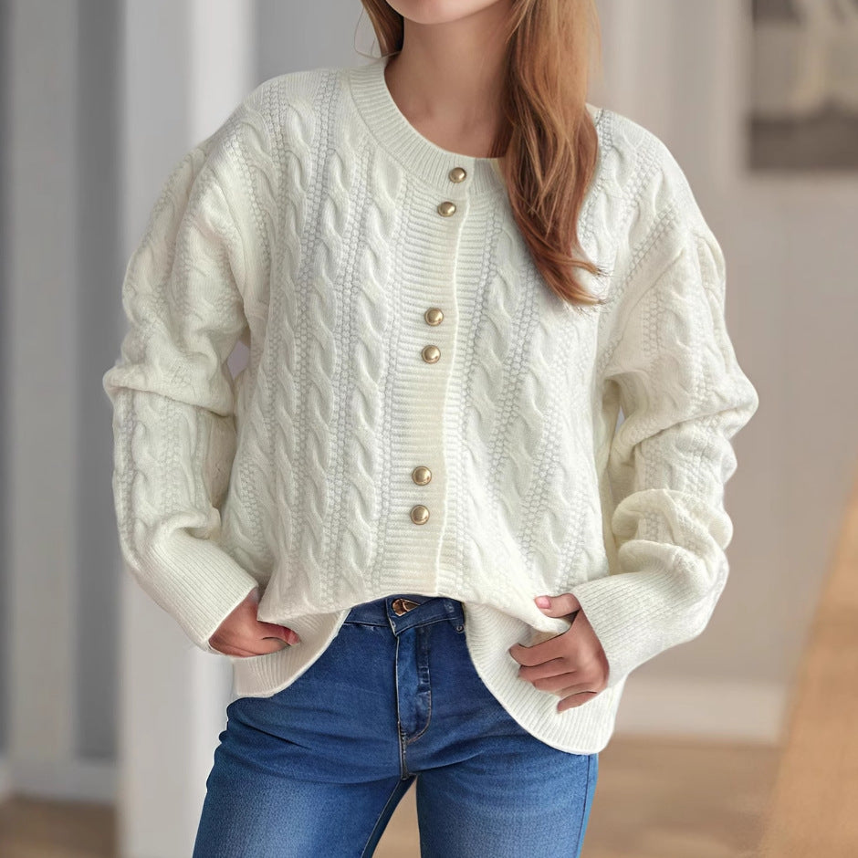 Damen Strickjacke Zopfmuster Perlenknöpfe Beige
