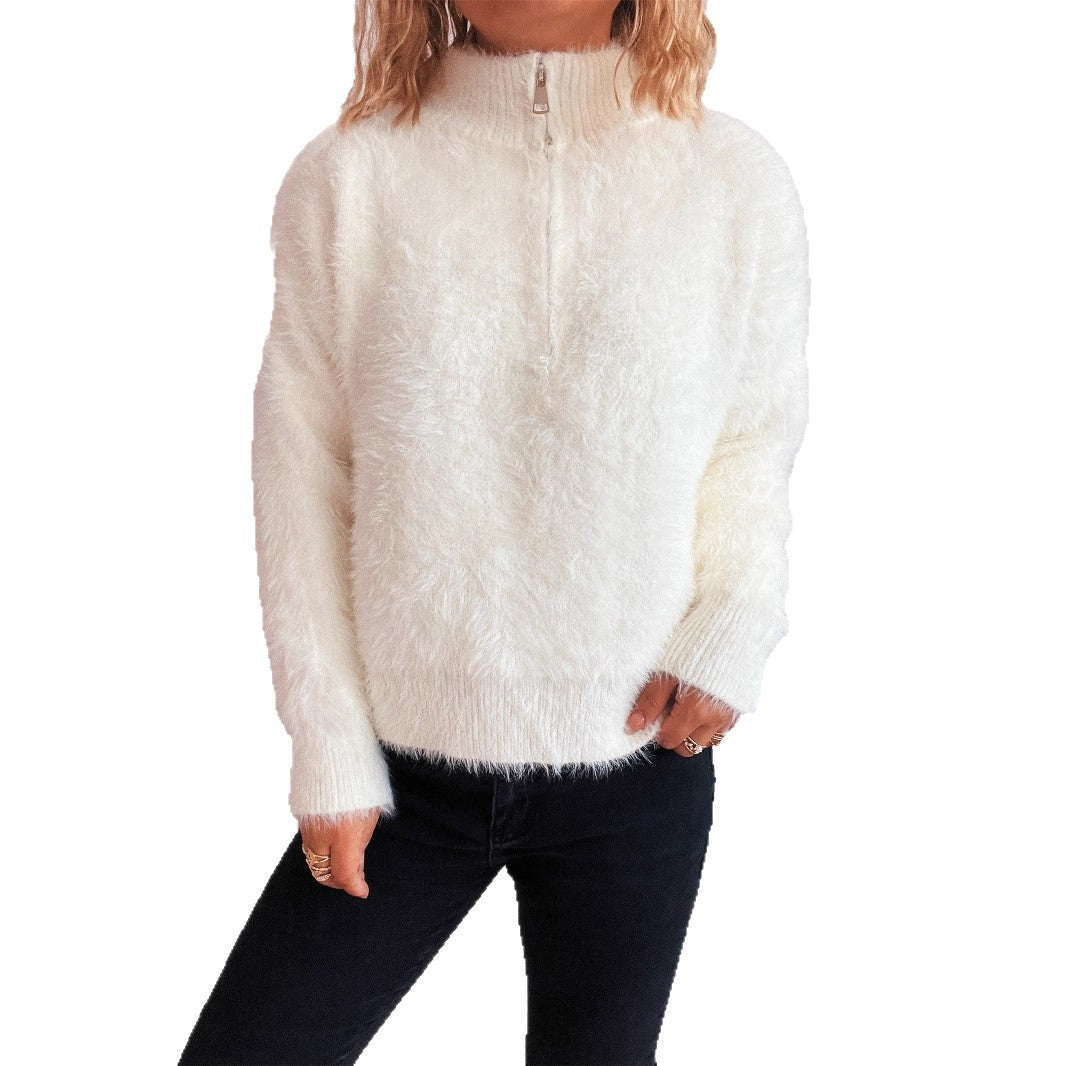 Damen Pullover Kuschelig Hochkragen Reißverschluss