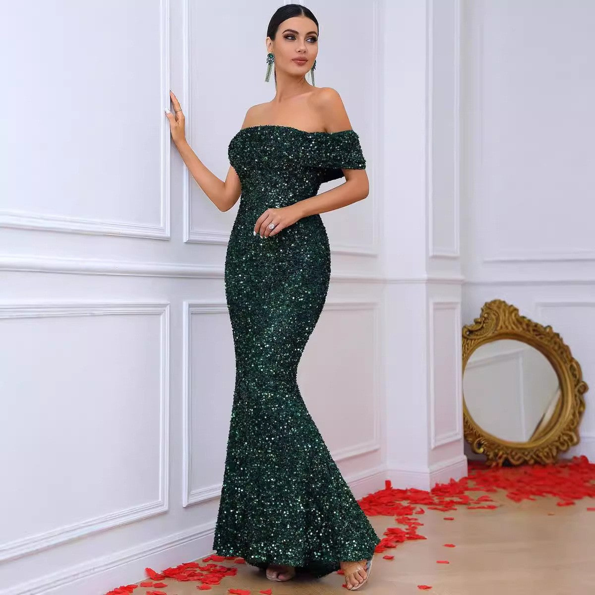 Damen Abendkleid Schulterfrei Pailletten Norvielle