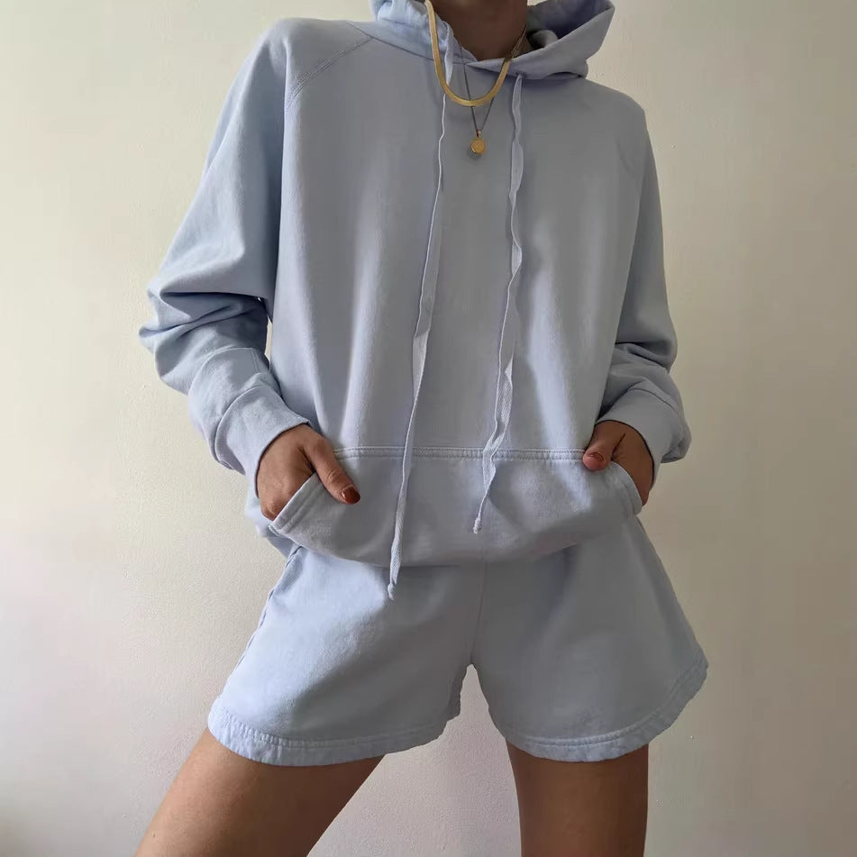 Damen Hoodie Shorts Set Baumwollmix Weich Beige