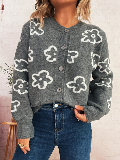 Damen Strickjacke Floralmuster Knöpfe Norvielle