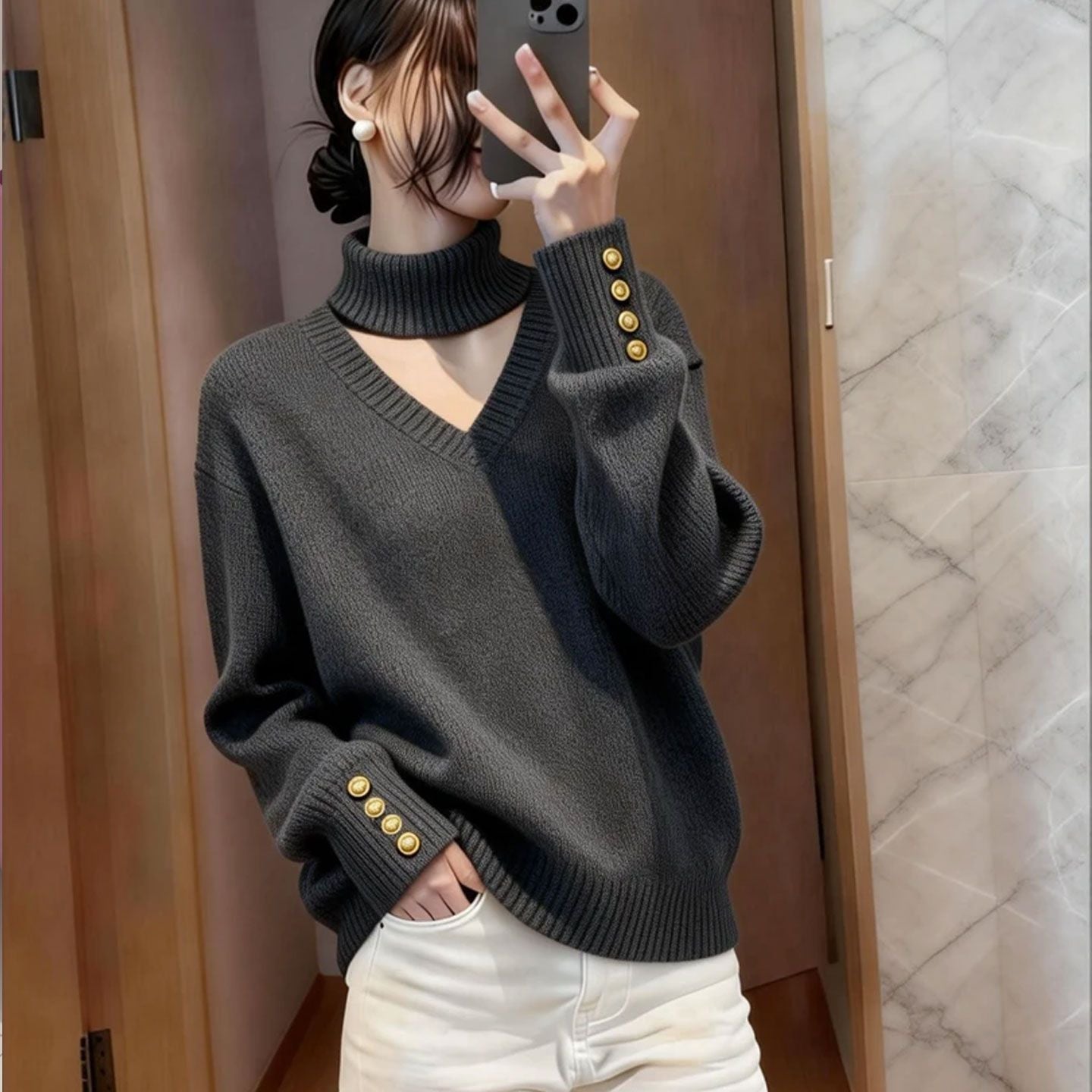 Damen Strickpullover Rollkragen Knopfdetails Norvielle