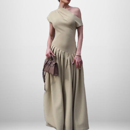 Damen One-Shoulder Maxikleid Faltenwurf Fließender Rock Norvielle