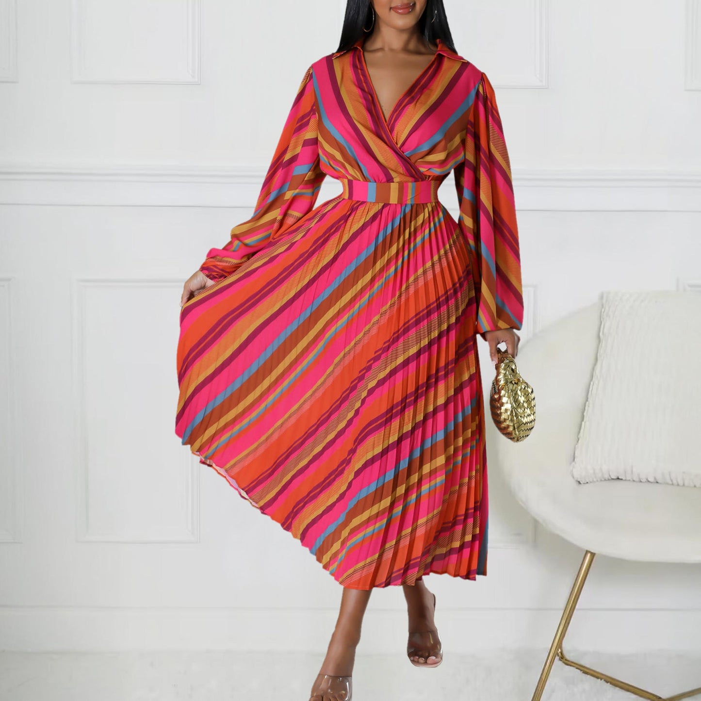 Damen Maxikleid Wickelkragen Streifenmuster