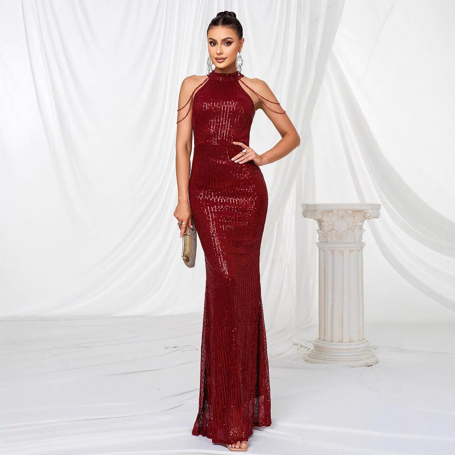 Damen Abendkleid Langarm Pailletten Hochkragen Schwarz - Norvielle