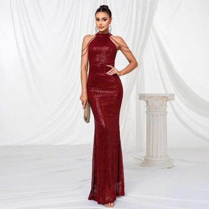 Damen Abendkleid Langarm Pailletten Hochkragen Schwarz - Norvielle