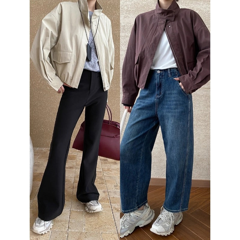 Damen Übergangsjacke Minimalistisch Hochkragen Praktische Taschen