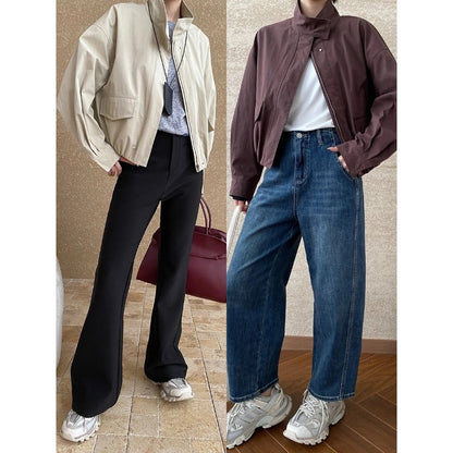 Damen Übergangsjacke Minimalistisch Hochkragen Praktische Taschen