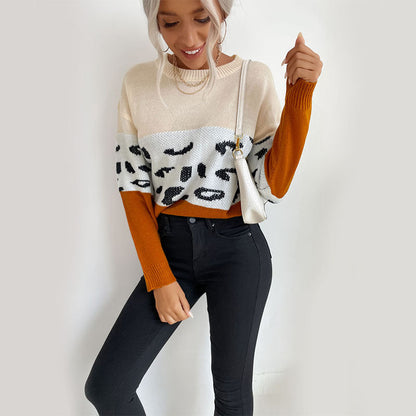 Damen Strickpullover Lässig Farbblock-Design Animal-Muster