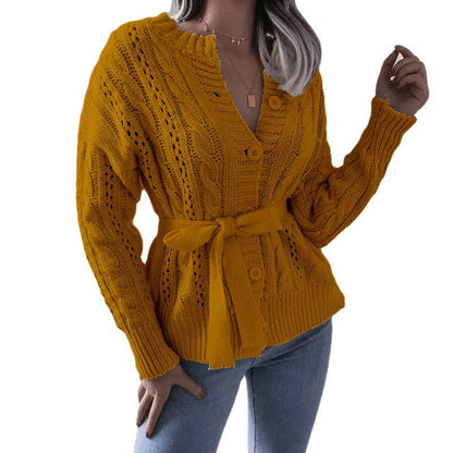 Damen Strickjacke Zopfmuster Taillengürtel Beige