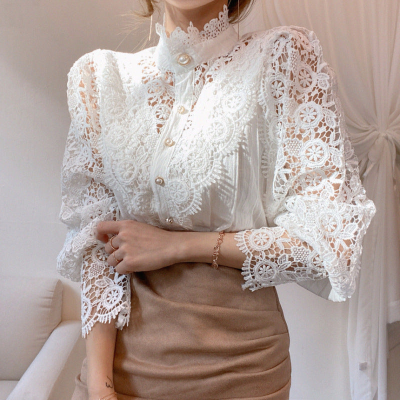Damen Bluse Spitze Hochkragen Elégant Weiß