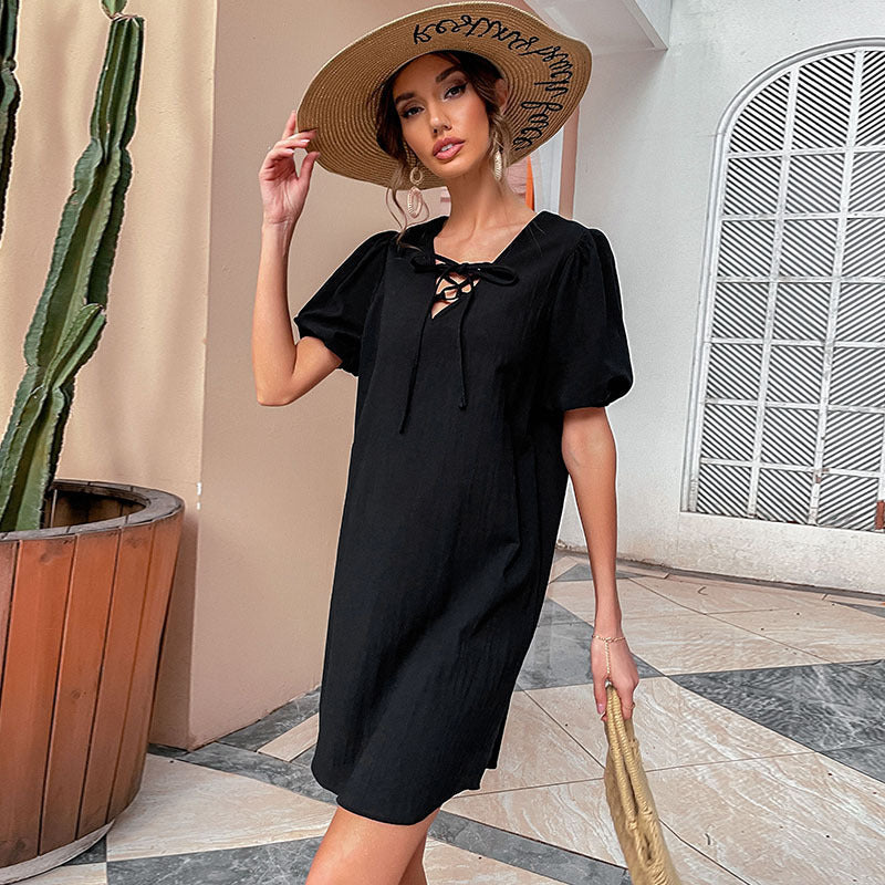 Damen Freizeitkleid mit Schnürung und Puffärmeln Norvielle