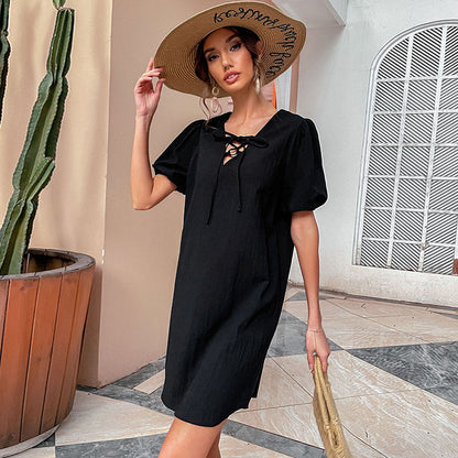 Damen Freizeitkleid mit Schnürung und Puffärmeln Norvielle