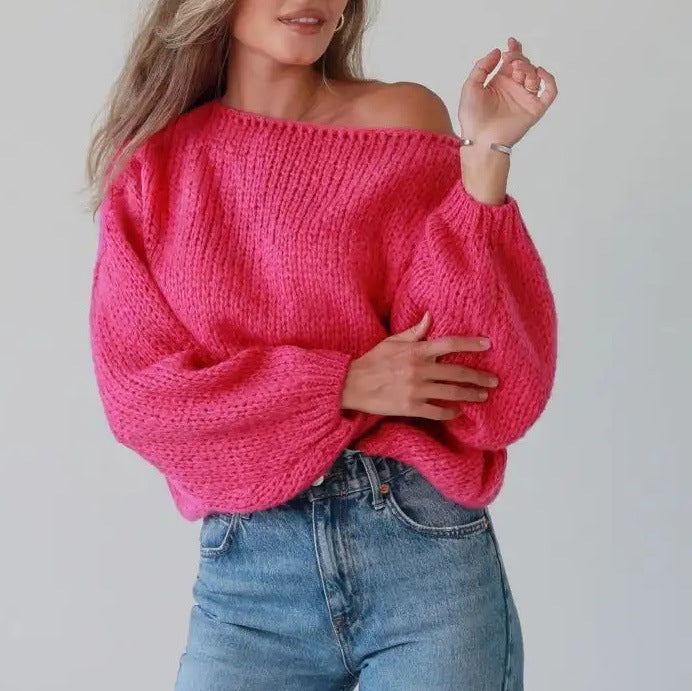 Damen Strickpullover Lässig Voluminöse Ärmel Offene Schulter Beige
