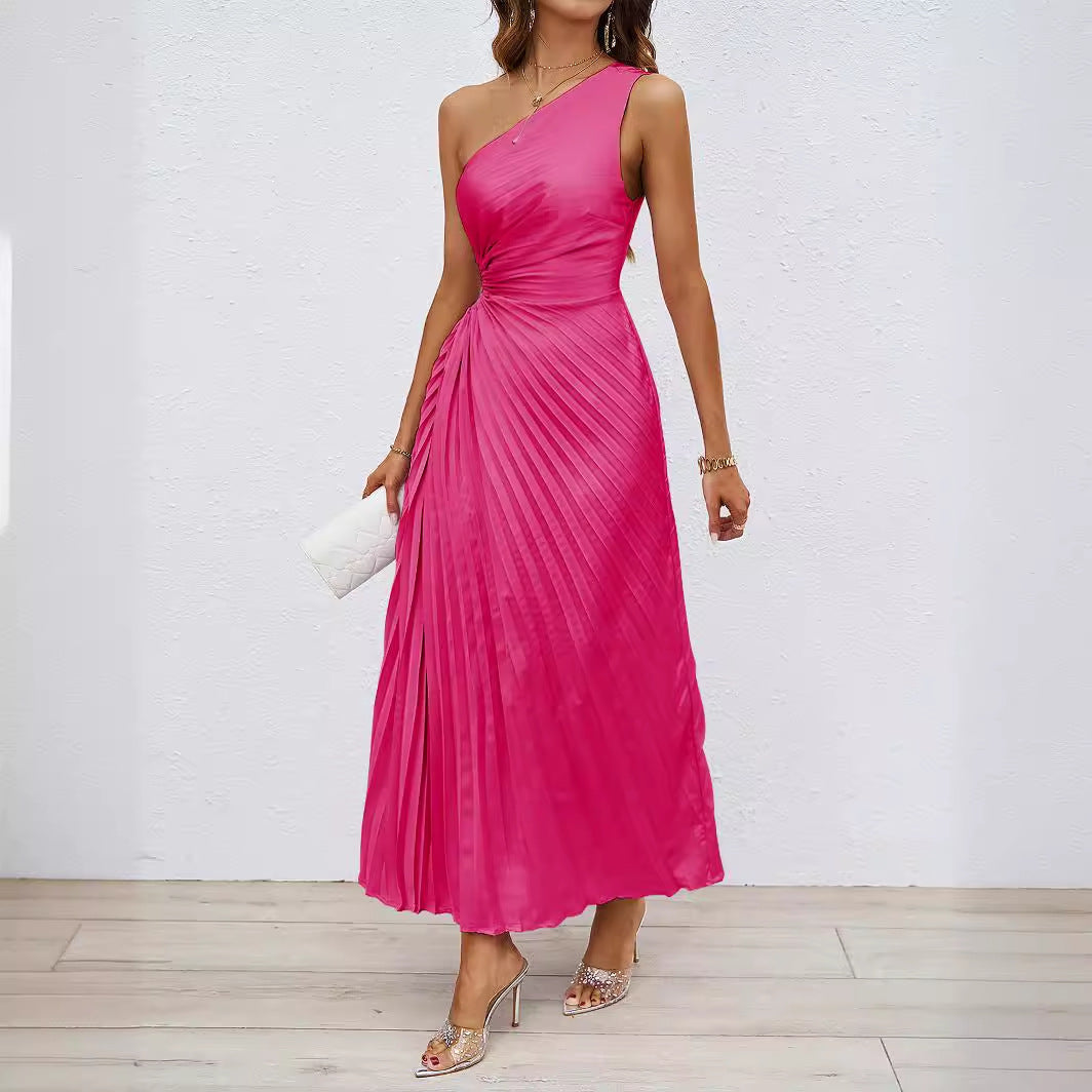 Damen Maxikleid Plissiert Asymmetrischer Träger Elegant