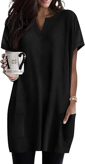 Damen Tunika-Kleid V-Ausschnitt Taschen Norvielle