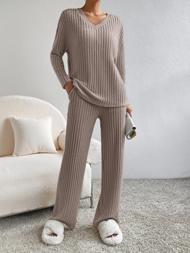 Damen Strickanzug Rippdesign Modern Beige