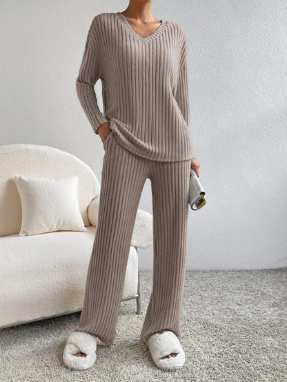 Damen Strickanzug Rippdesign Modern Beige