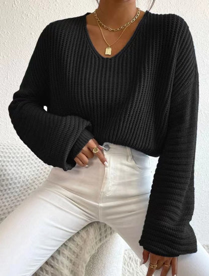 Damen Strickpullover Luftig V-Ausschnitt Länge Lang Ärmel Norvielle
