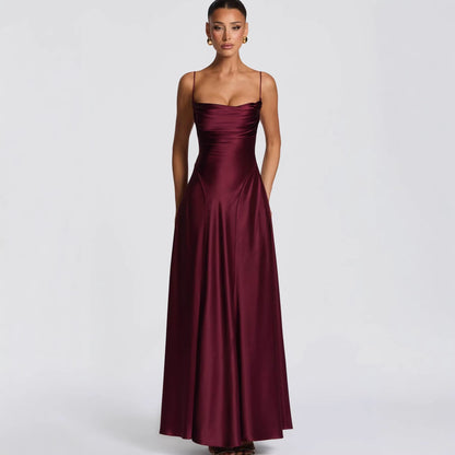 Damen Maxikleid Satin Elegantes Design Spaghetti-Träger