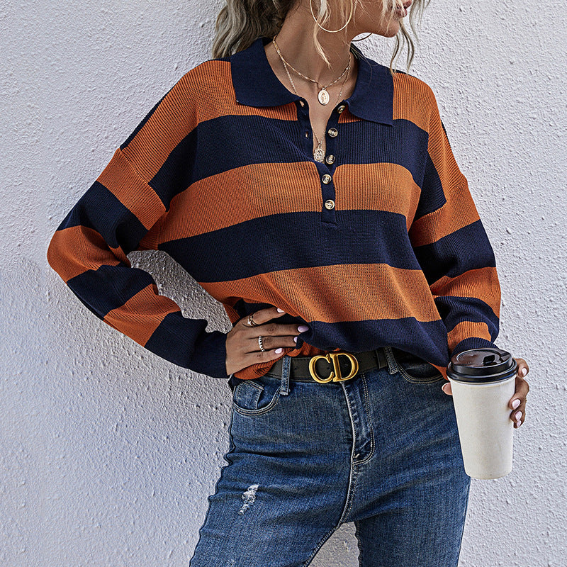 Damen Oversized Pullover Streifenmuster Knopfleiste Norvielle
