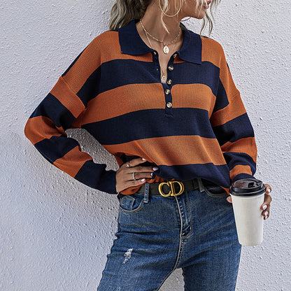 Damen Oversized Pullover Streifenmuster Knopfleiste Norvielle