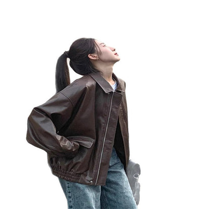 Damen Lederjacke Oversized Ärmel Elastischer Saum Norvielle