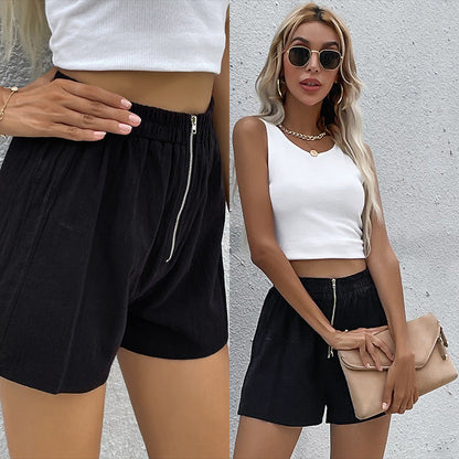 Damen Shorts Elastischer Bund Reißverschluss Detail