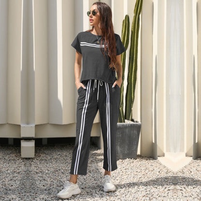 Damen Sportset Gestreiftes Oberteil Bequeme Hose