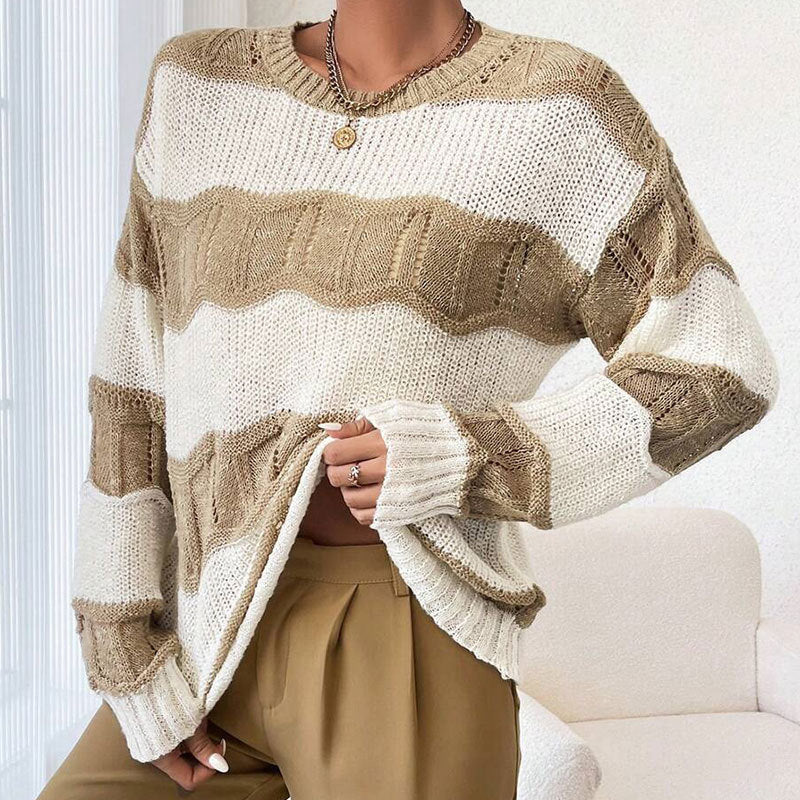 Damen Strickpullover Lässig Wellenmuster Langer Ärmel Beige