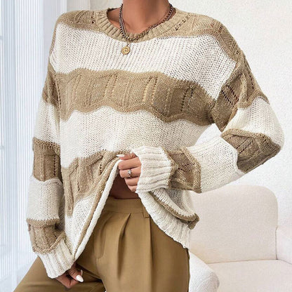 Damen Strickpullover Lässig Wellenmuster Langer Ärmel Beige