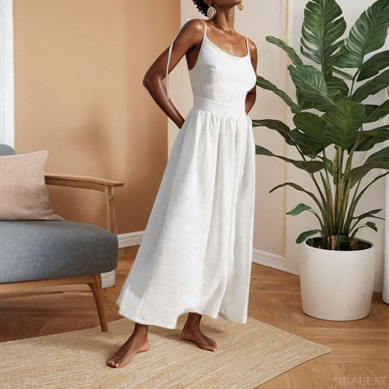 Damen Leinenkleid Lang V-Ausschnitt Tailliert Beige