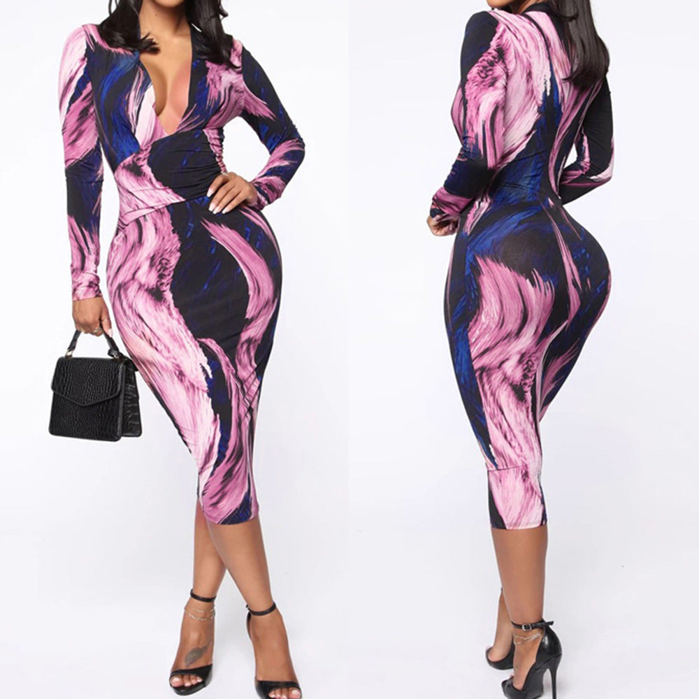 Damen Wickelkleid V-Ausschnitt Modisches Muster