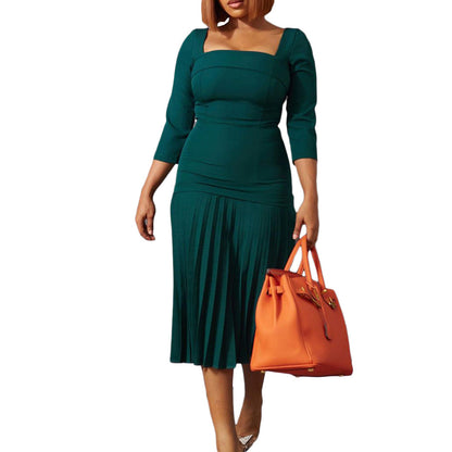 Damen Plissee-Kleid mit Quadrat-Ausschnitt 3/4-Ärmel Norvielle