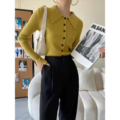 Damen Strickpullover mit Hemdkragen und Knöpfen Beige - Norvielle