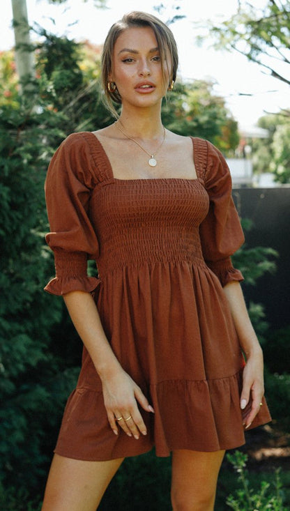 Damen Minikleid Schulterfrei Elastisch Puffärmel