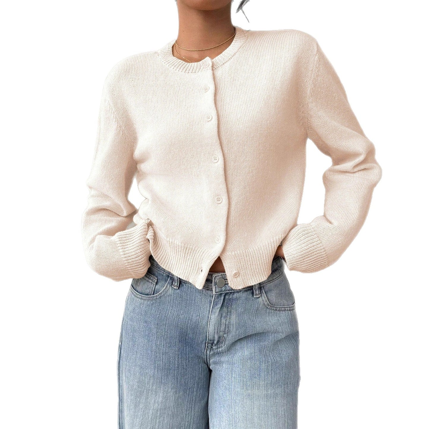Damen Strickjacke Rippstruktur Knöpfe Beige