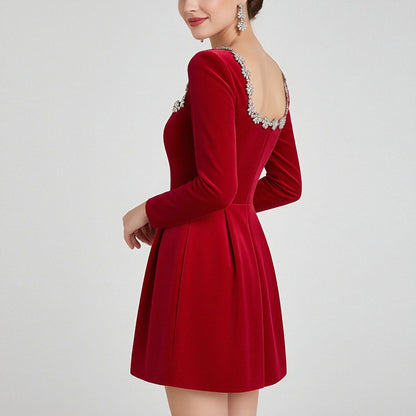 Damen Cocktailkleid Quadratischer Ausschnitt Kristallbesatz