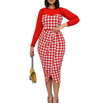 Damen Kleid Langarm Hahnentritt-Design